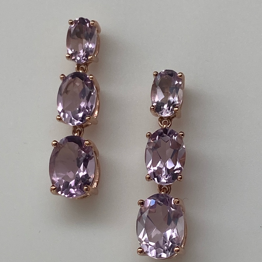 10k Rose Gold Three Stone Natural Light Amethyst Gemstone Drop Earrings New